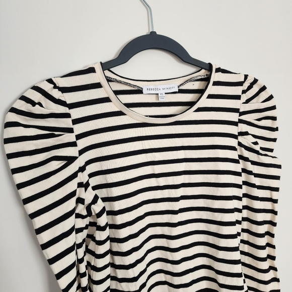Rebecca Minkoff Dress Womens XS Black and White Striped Mini Puff Sleeve - Picture 2 of 5